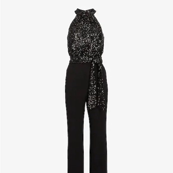 Express Black Sequin Halter Neck Tie Waist Jumpsuit Size L - Picture 3 of 16